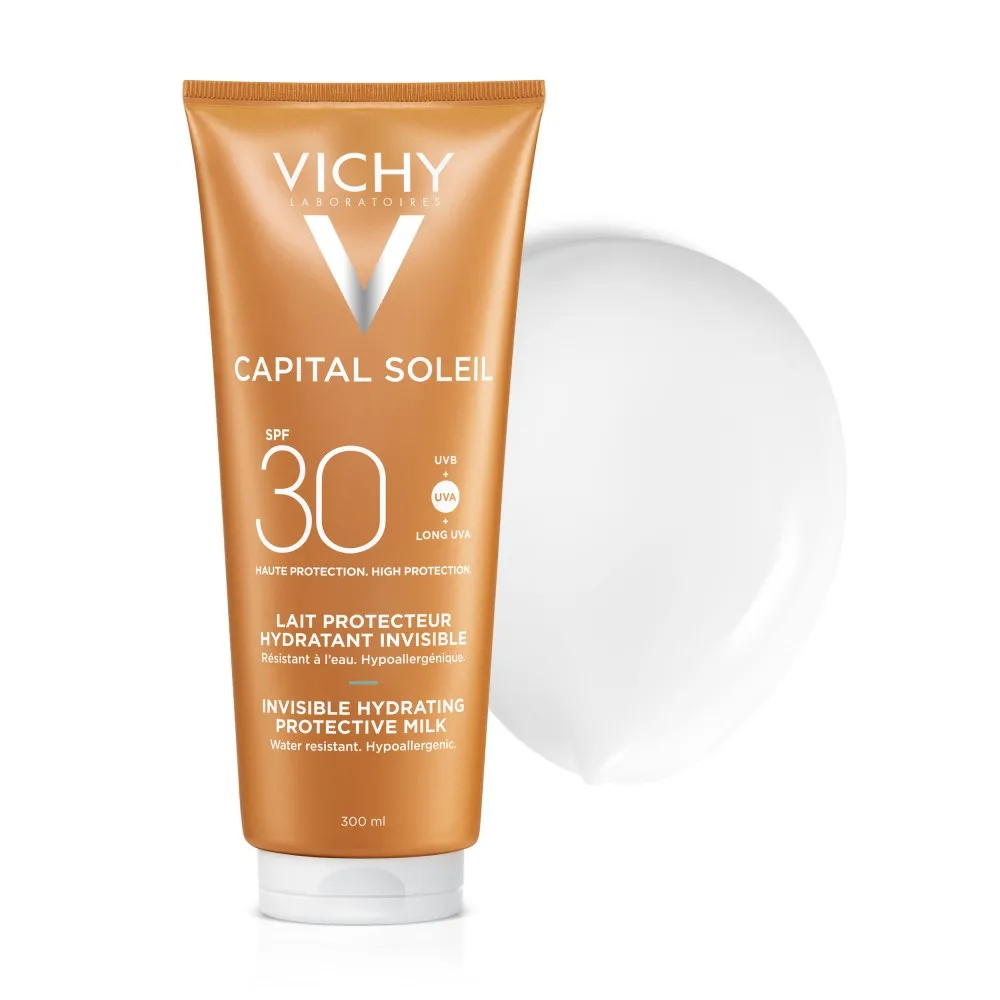 Lapte hidratant pentru protectie solara SPF 30+, pentru fata si corp, 300 ml, Capital Soleil, Vichy