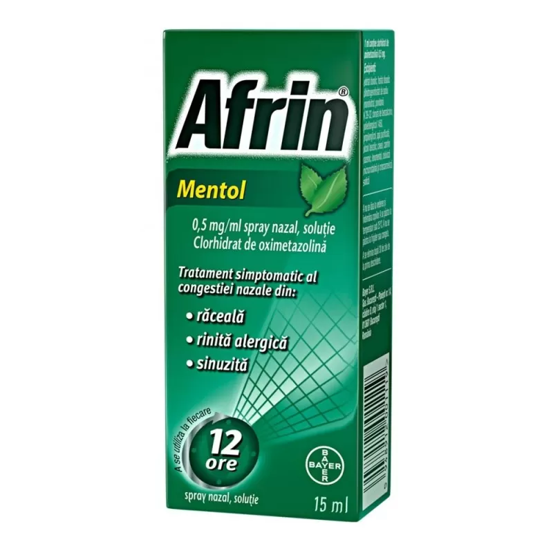 Afrin Mentol spray nazal, soluÂ»Ãµie, 0,5 mg/ml, 15 ml, Bayer