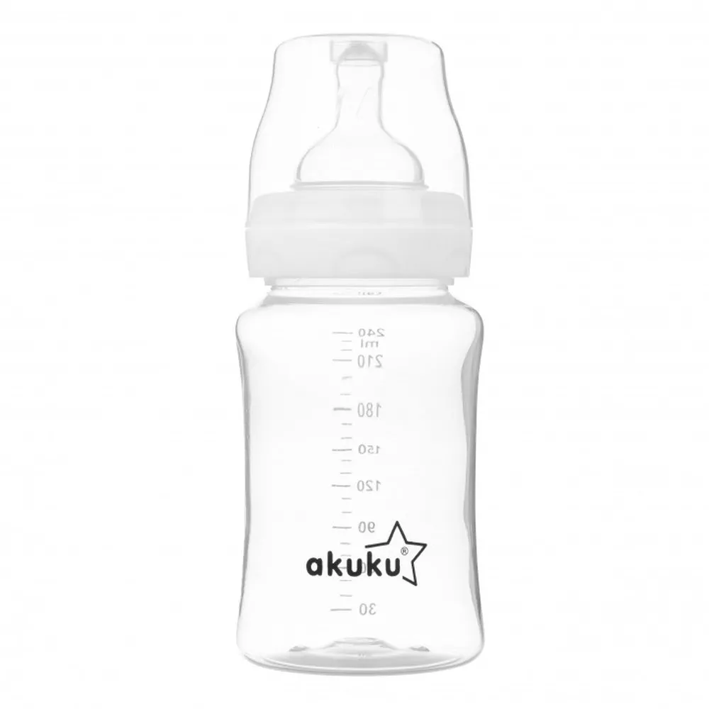 Biberon cu Gât Larg și Tetină Anticolici A0107, 240 ml, Akuku