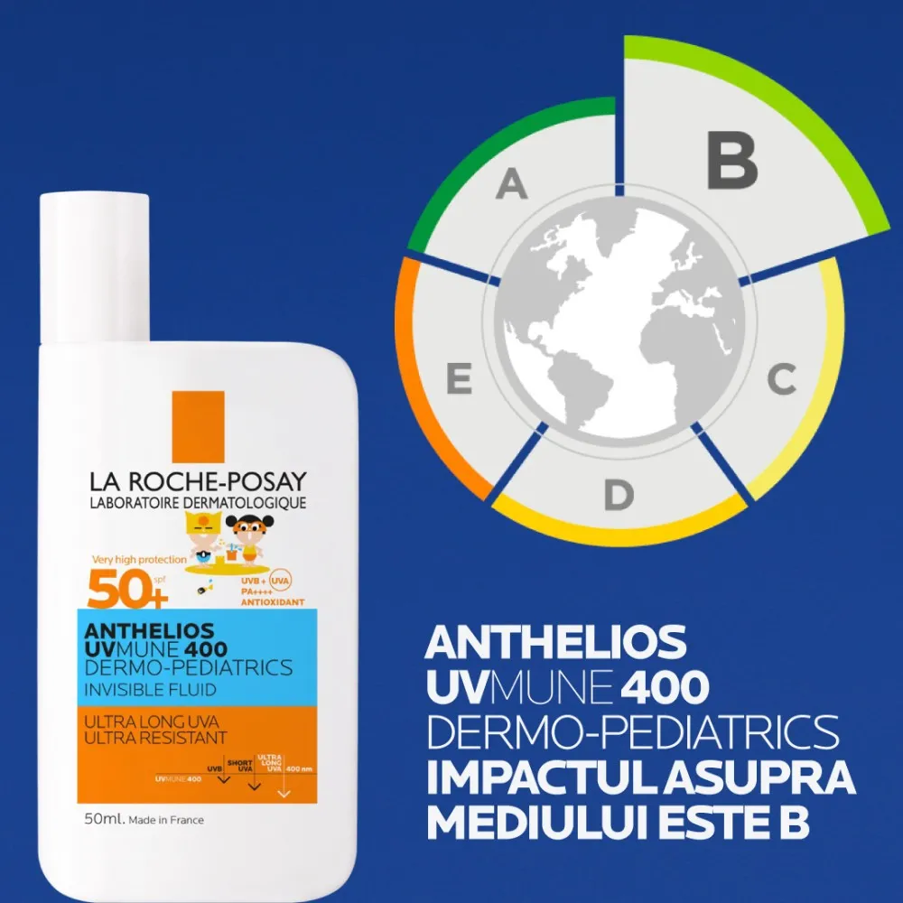 Anthelios UVMUNE 400 Dermo-Pediatrics Fluid Invizibil SPF50+ cu protecție solară foarte ridicată potrivit pentru pielea sensibilă sau cu tendință atopică a copiilor, 50ml, La Roche-Posay