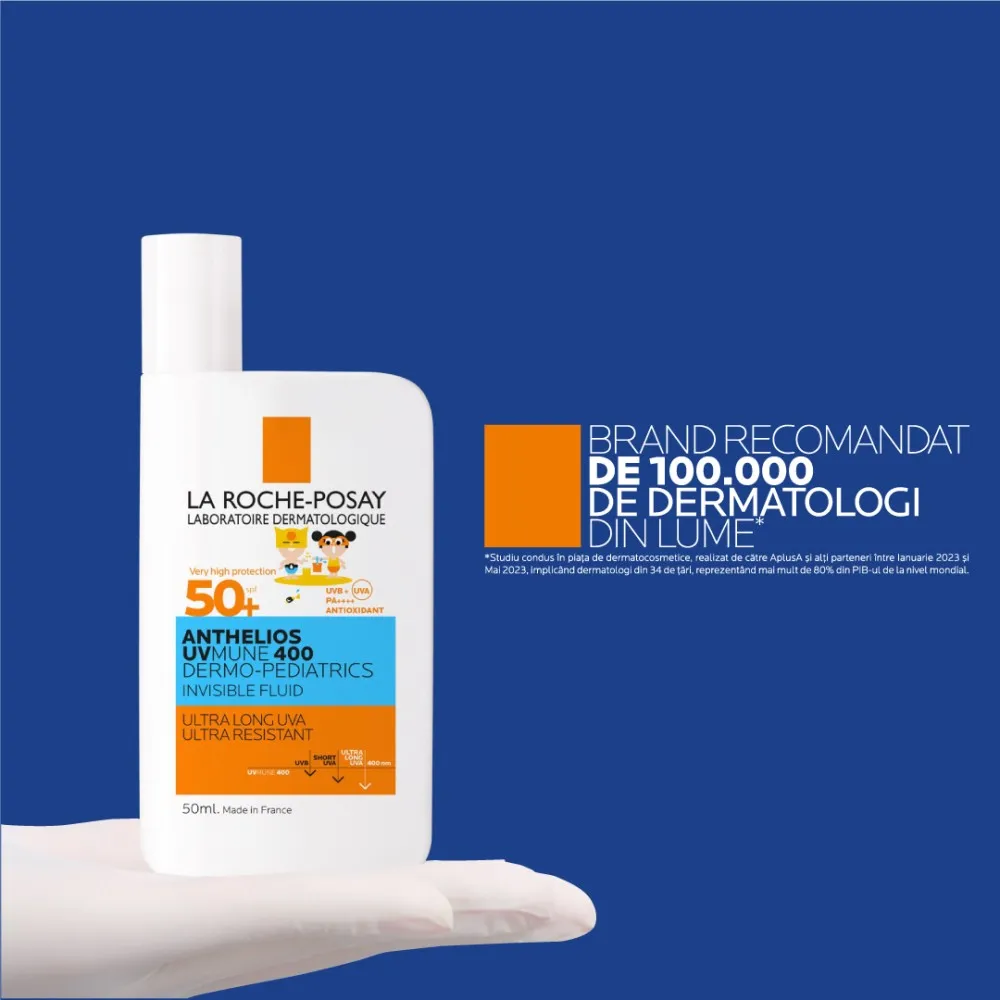 Anthelios UVMUNE 400 Dermo-Pediatrics Fluid Invizibil SPF50+ cu protecție solară foarte ridicată potrivit pentru pielea sensibilă sau cu tendință atopică a copiilor, 50ml, La Roche-Posay