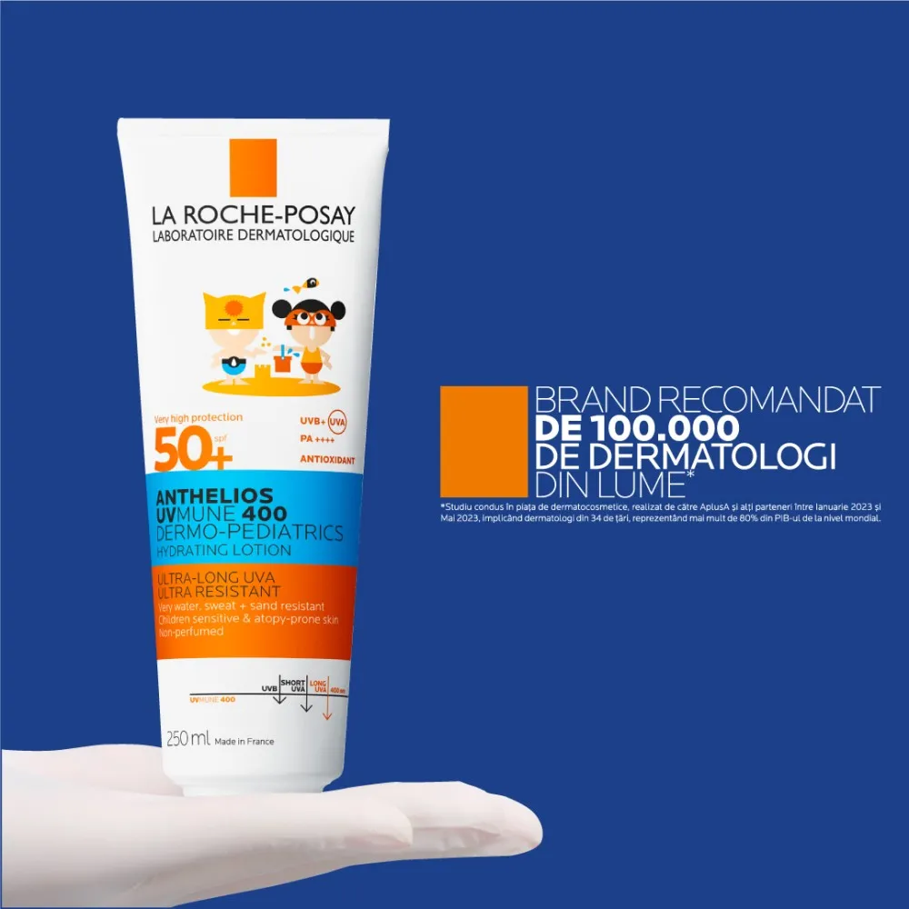 Anthelios UVMUNE 400 Dermo-Pediatrics Lotiune Hidratanta SPF50+ cu protecție solară potrivit pentru pielea sensibilă a copiilor, 250ml, La Roche-Posay