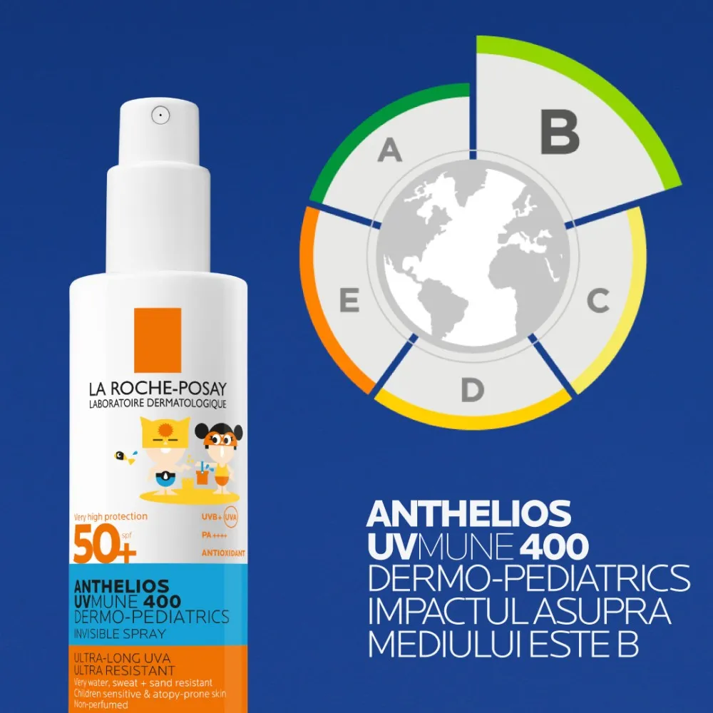 Anthelios UVMUNE 400 Dermo-Pediatrics Spray Invizibil SPF50+ cu protecție solară foarte ridicată potrivit pentru pielea sensibilă sau cu tendință atopică a copiilor, 200ml, La Roche-Posay