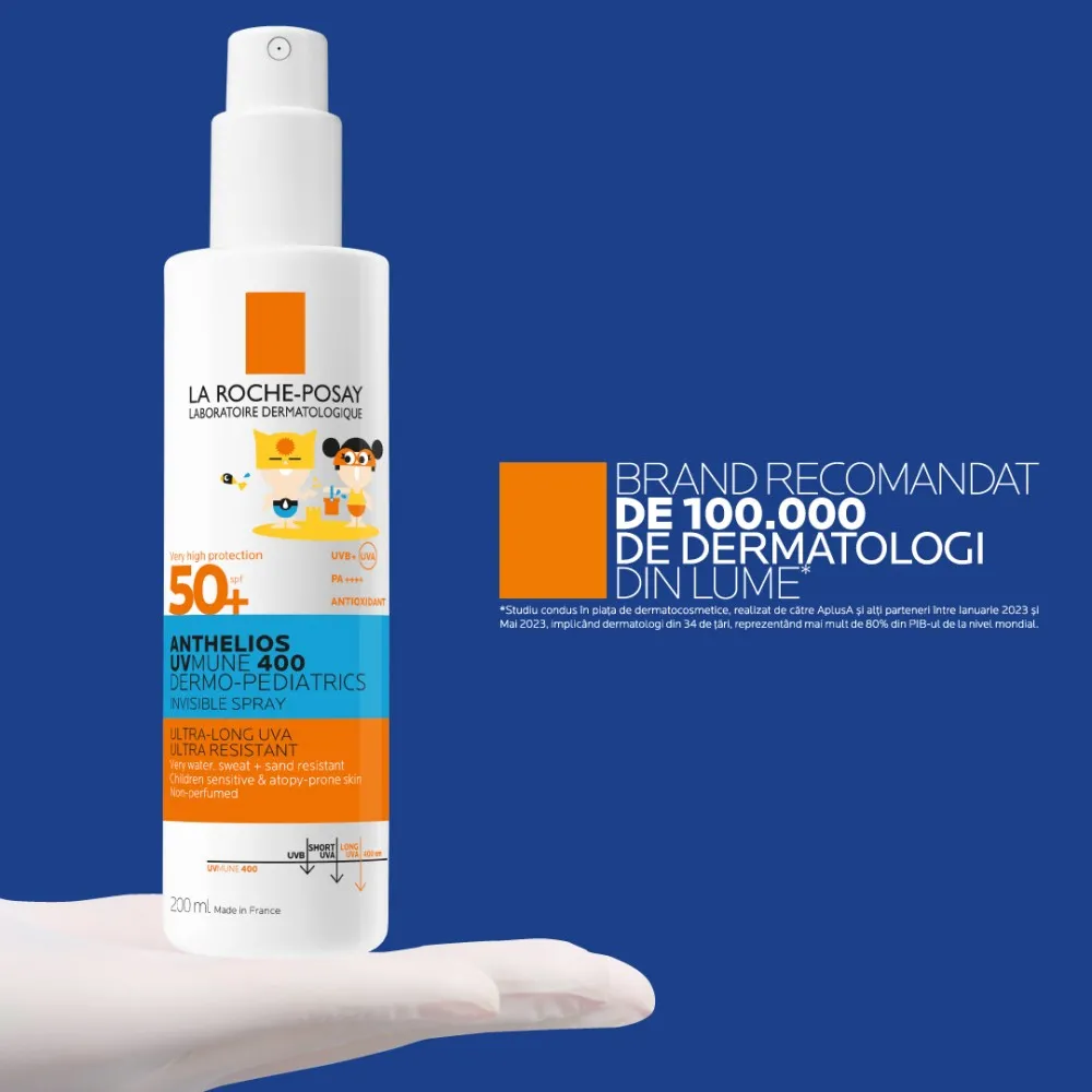 Anthelios UVMUNE 400 Dermo-Pediatrics Spray Invizibil SPF50+ cu protecție solară foarte ridicată potrivit pentru pielea sensibilă sau cu tendință atopică a copiilor, 200ml, La Roche-Posay