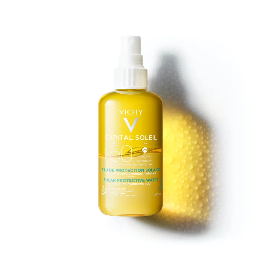 Apa cu protectie solara SPF 50, cu acid hialuronic, pentru fata si corp, 200 ml, Capital Soleil, Vichy