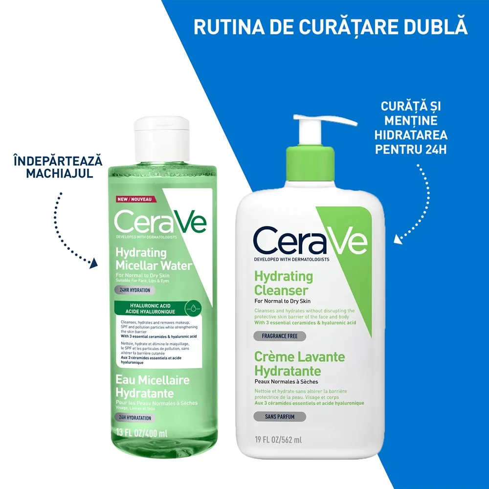 Apa micelara hidratanta pentru ten normal si uscat, 400 ml, CeraVe