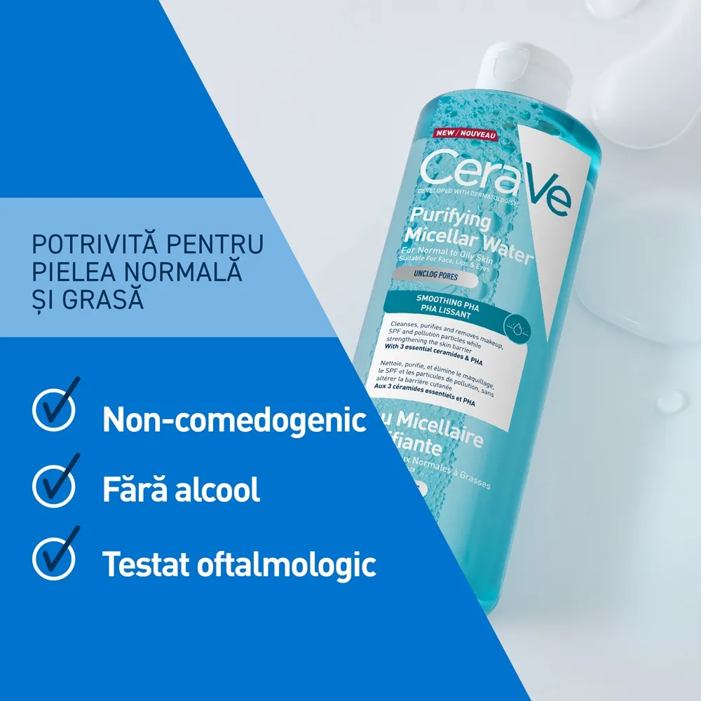 Apa micelara purifianta pentru ten normal si gras, 400 ml, CeraVe