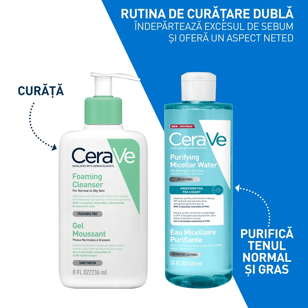Apa micelara purifianta pentru ten normal si gras, 400 ml, CeraVe