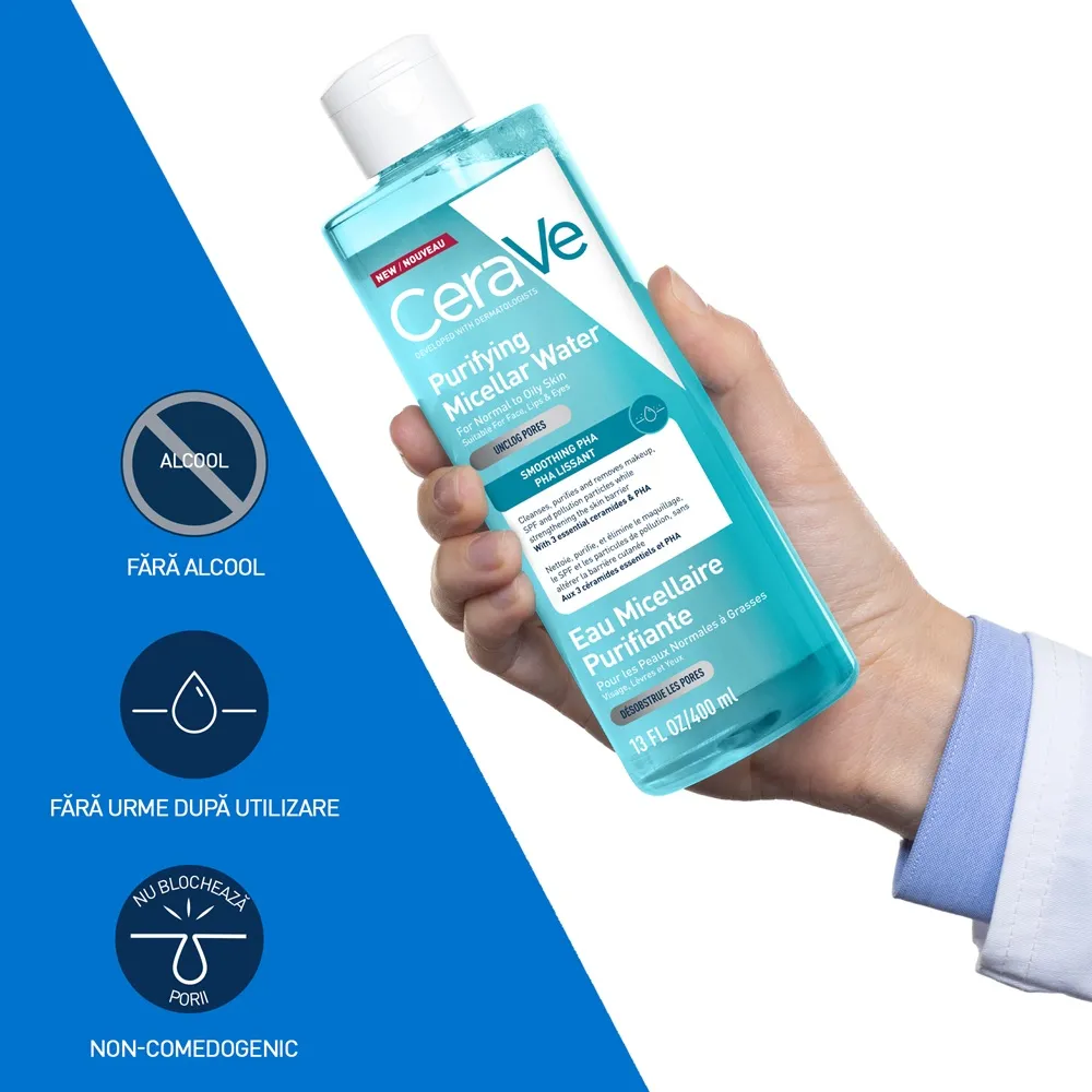 Apa micelara purifianta pentru ten normal si gras, 400 ml, CeraVe