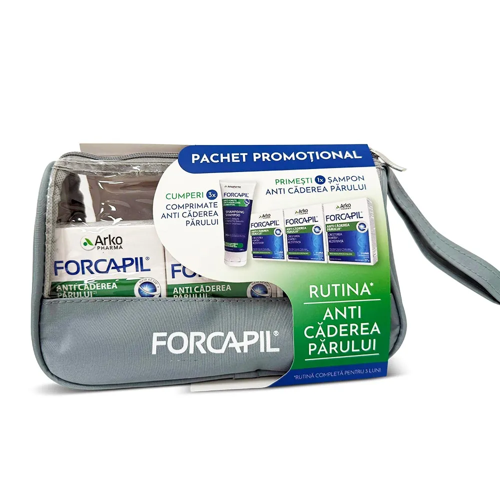 Pachet Forcapil anticaderea parului 3 cutii x 30 comprimate + Sampon anticadere, 200ml, Arkopharma