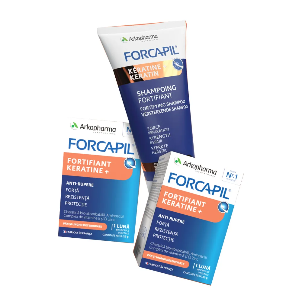 Pachet Arko Forcapil Fortifiant Keratine + 60 capsule (2 cutii) + Sampon Fortifiant, 200ml, Forcapil