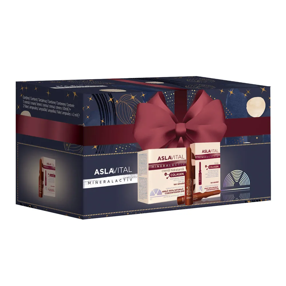 Pachet Crema Hidratanta Colagen SPF10 x 50ml+ 2 Fiole cu Colagen x 2ml, Aslavital Mineral Activ