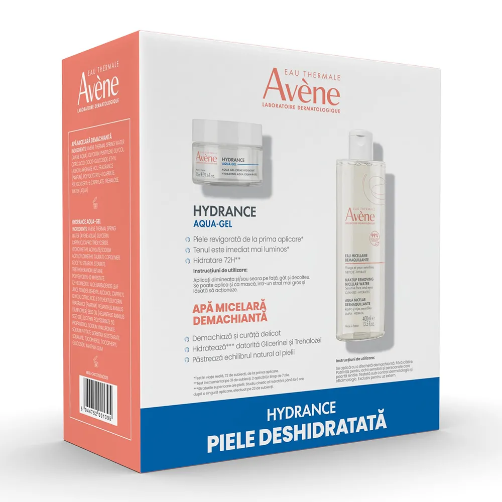 Pachet Crema hidratanta de fata Hydrance Aqua Gel, 50ml + Apa Micelara Demachianta, 400ml (Pachet Promo), Avene