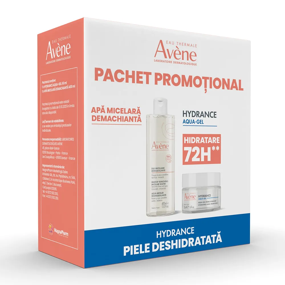 Pachet Crema hidratanta de fata Hydrance Aqua Gel, 50ml + Apa Micelara Demachianta, 400ml (Pachet Promo), Avene