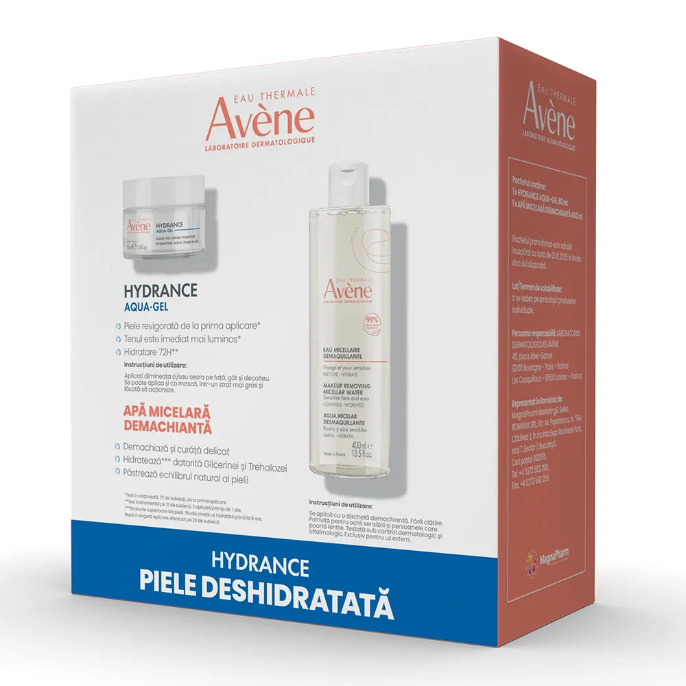 Pachet Crema hidratanta de fata Hydrance Aqua Gel, 50ml + Apa Micelara Demachianta, 400ml (Pachet Promo), Avene