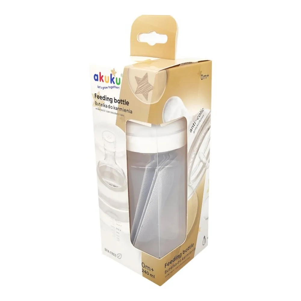 Biberon cu Gât Larg și Tetină Anticolici A0107, 240 ml, Akuku