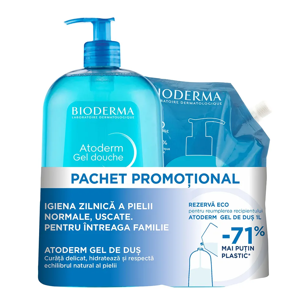Bioderma Atoderm Gel Dus x 1000ml + Atoderm Gel Dus Eco Refill x 1000ml (Pachet Promo)