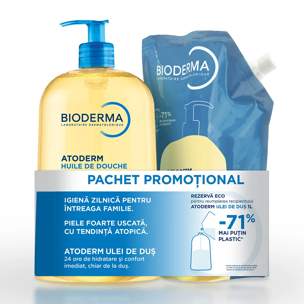 Pachet Ulei de Dus Atoderm, 1000ml + Ulei Dus Eco Refill, 1000ml, Bioderma