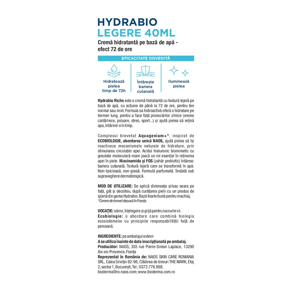 Crema hidratanta pe baza de apa – efect 72 de ore pentru piele deshidratata, normala si mixta, 40 ml, Bioderma