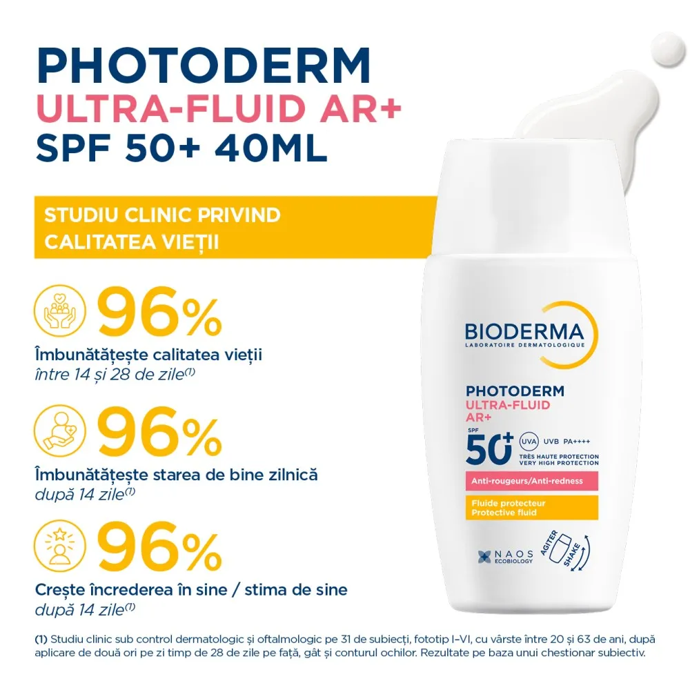 Protecție solară fluidă AR+ SPF50+ pentru piele sensibilă și reactivă, Photoderm, 40 ml, Bioderma