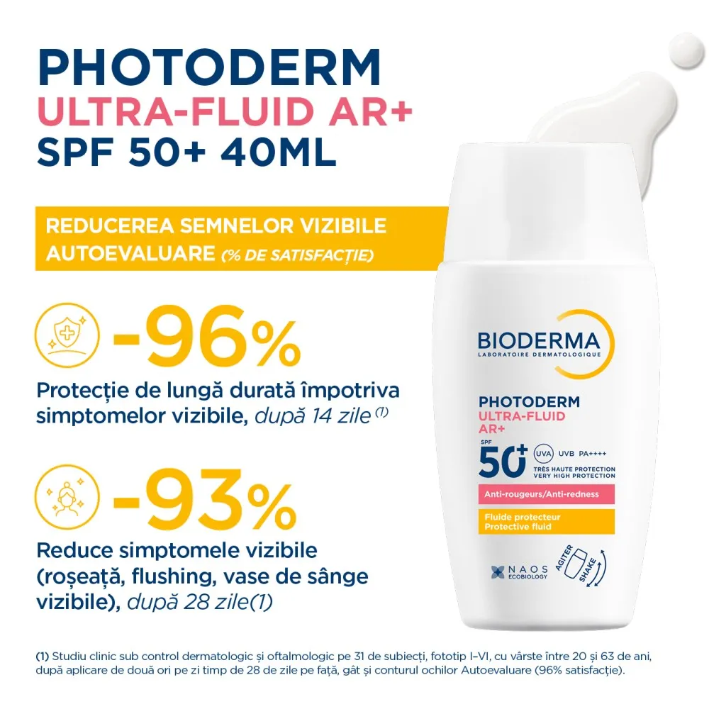 Protecție solară fluidă AR+ SPF50+ pentru piele sensibilă și reactivă, Photoderm, 40 ml, Bioderma
