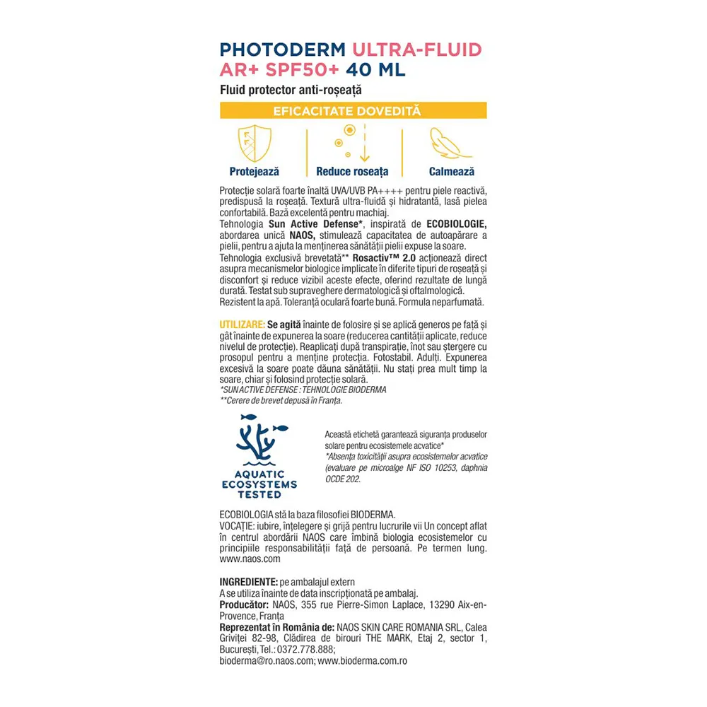 Protecție solară fluidă AR+ SPF50+ pentru piele sensibilă și reactivă, Photoderm, 40 ml, Bioderma