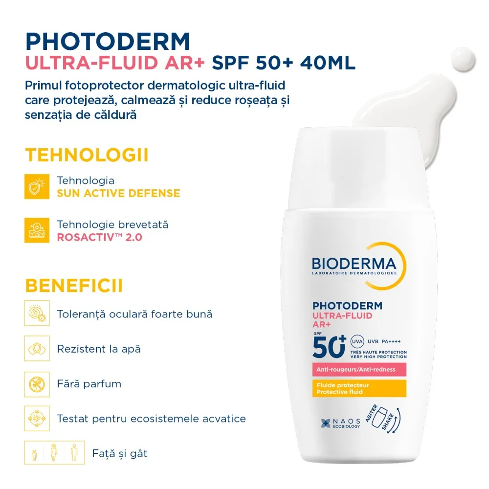Protecție solară fluidă AR+ SPF50+ pentru piele sensibilă și reactivă, Photoderm, 40 ml, Bioderma