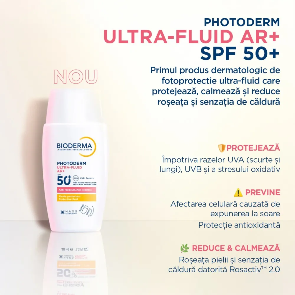 Protecție solară fluidă AR+ SPF50+ pentru piele sensibilă și reactivă, Photoderm, 40 ml, Bioderma