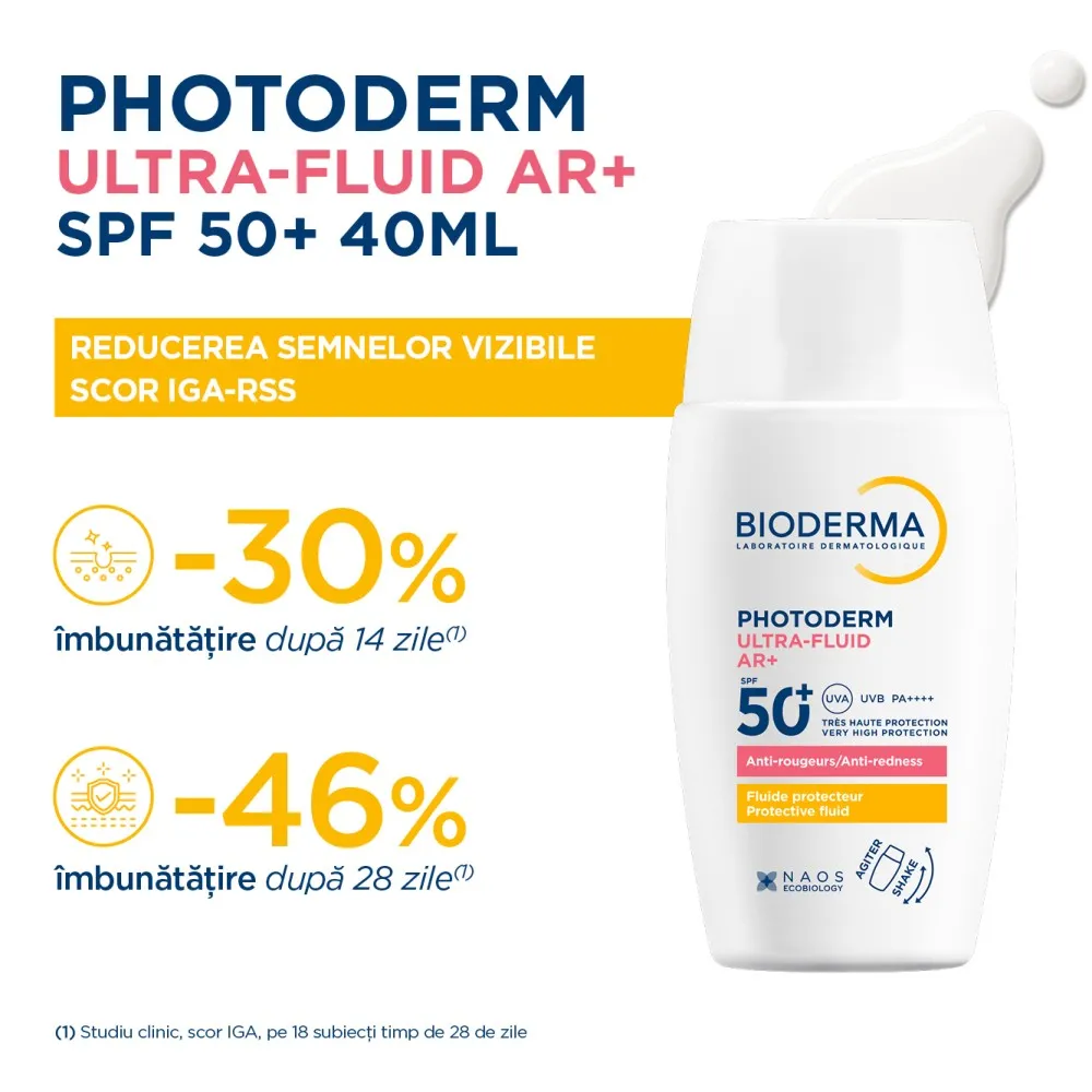 Protecție solară fluidă AR+ SPF50+ pentru piele sensibilă și reactivă, Photoderm, 40 ml, Bioderma