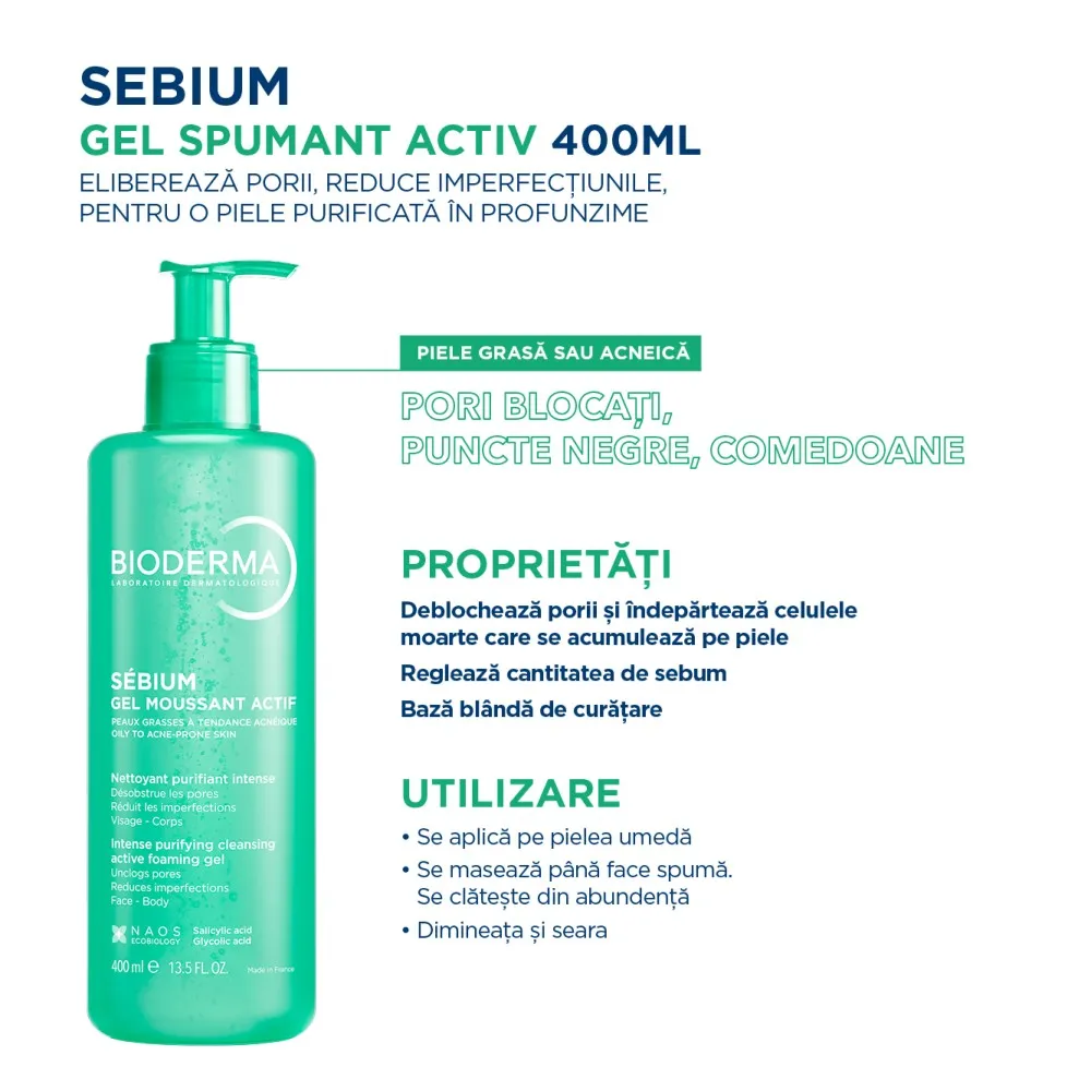 Gel Spumant Activ Sebium, 400ml, Bioderma
