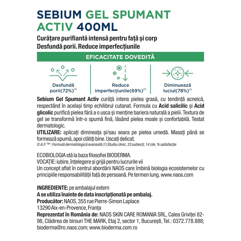 Gel Spumant Activ Sebium, 400ml, Bioderma