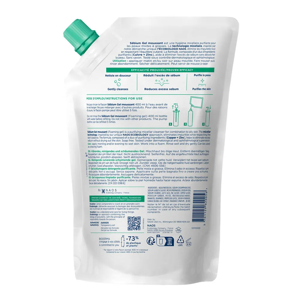 Gel Spumant Eco Refill Sebium, 400ml, Bioderma
