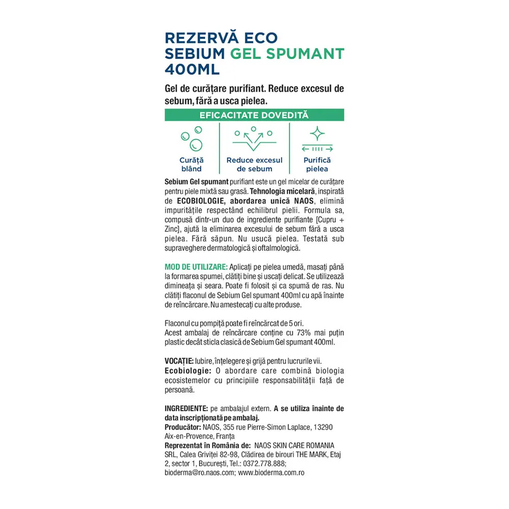 Gel Spumant Eco Refill Sebium, 400ml, Bioderma