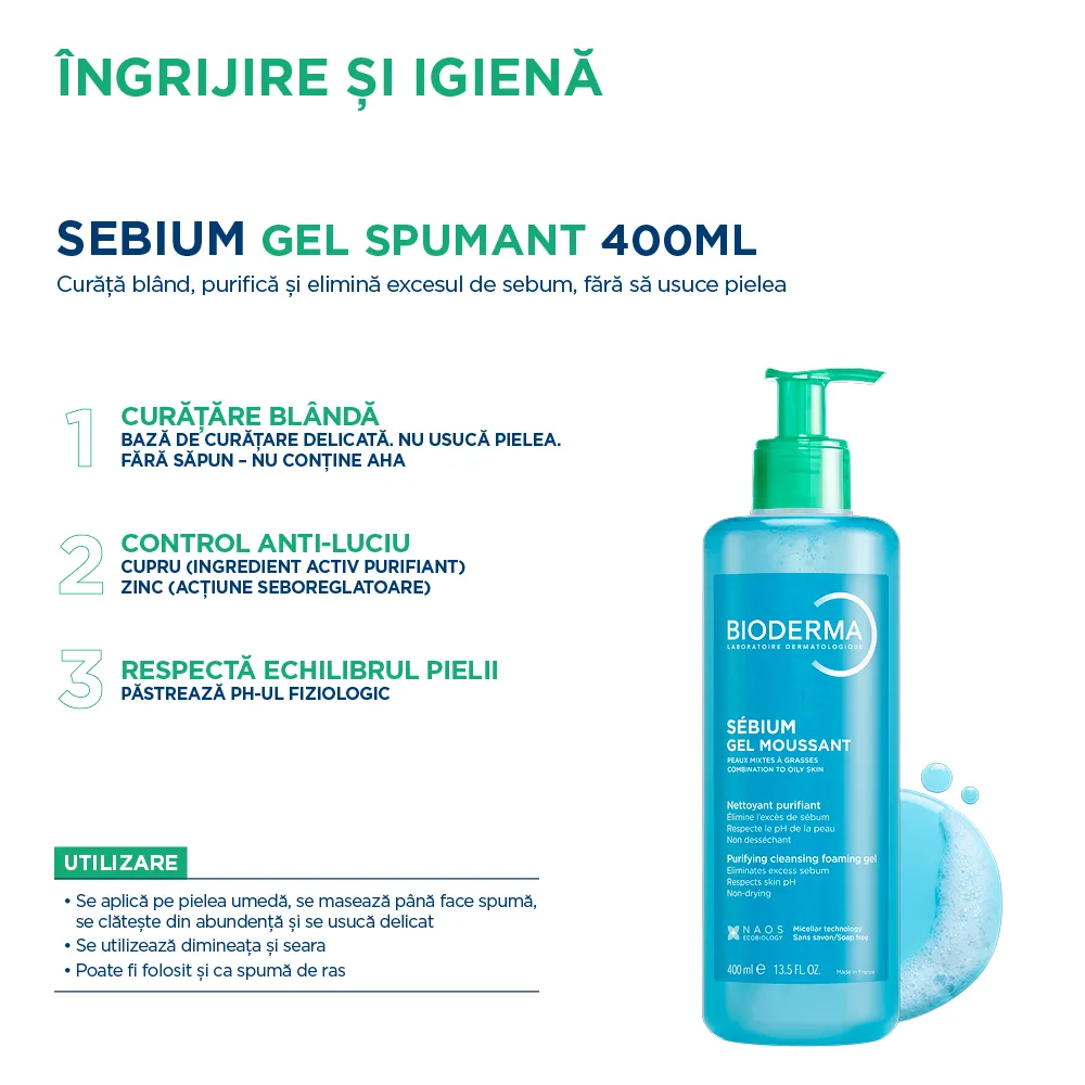 Gel Spumant de curatare purifiant pentru piele mixta si grasa Sebium, 400ml, Bioderma