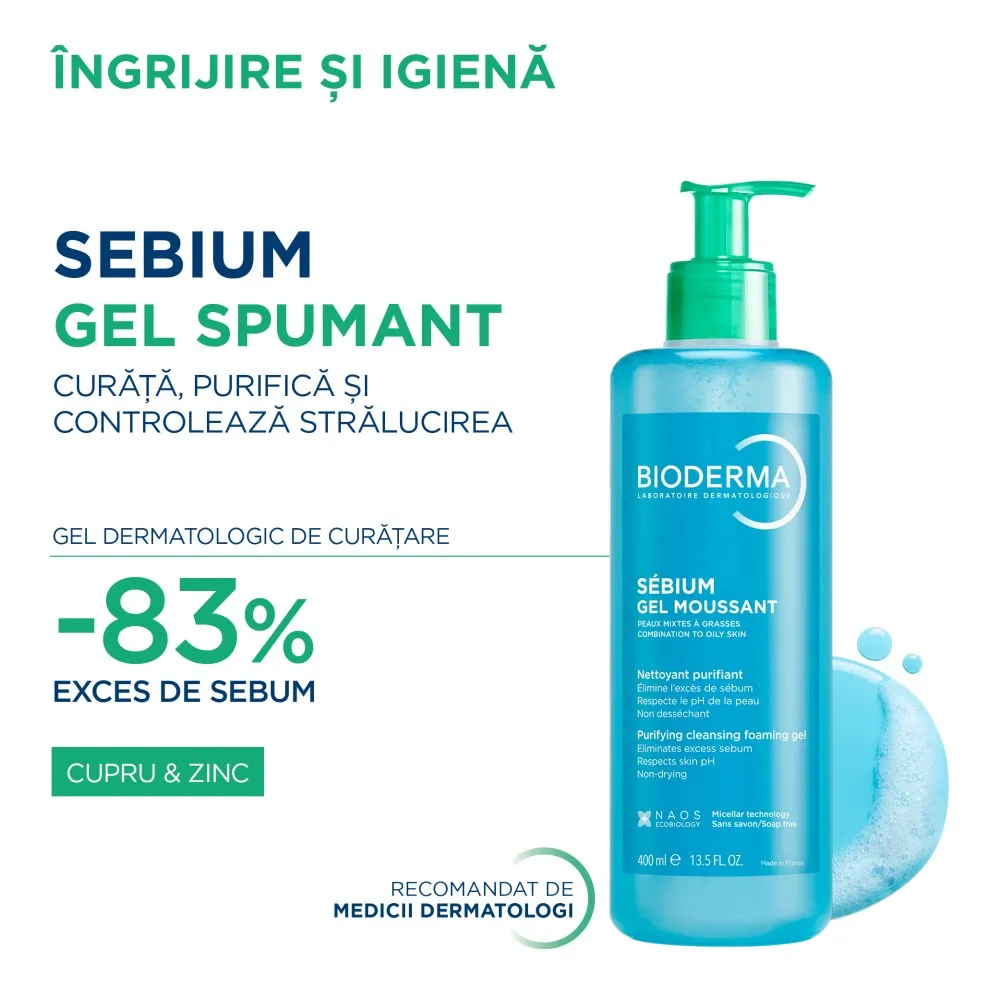Gel Spumant de curatare purifiant pentru piele mixta si grasa Sebium, 400ml, Bioderma