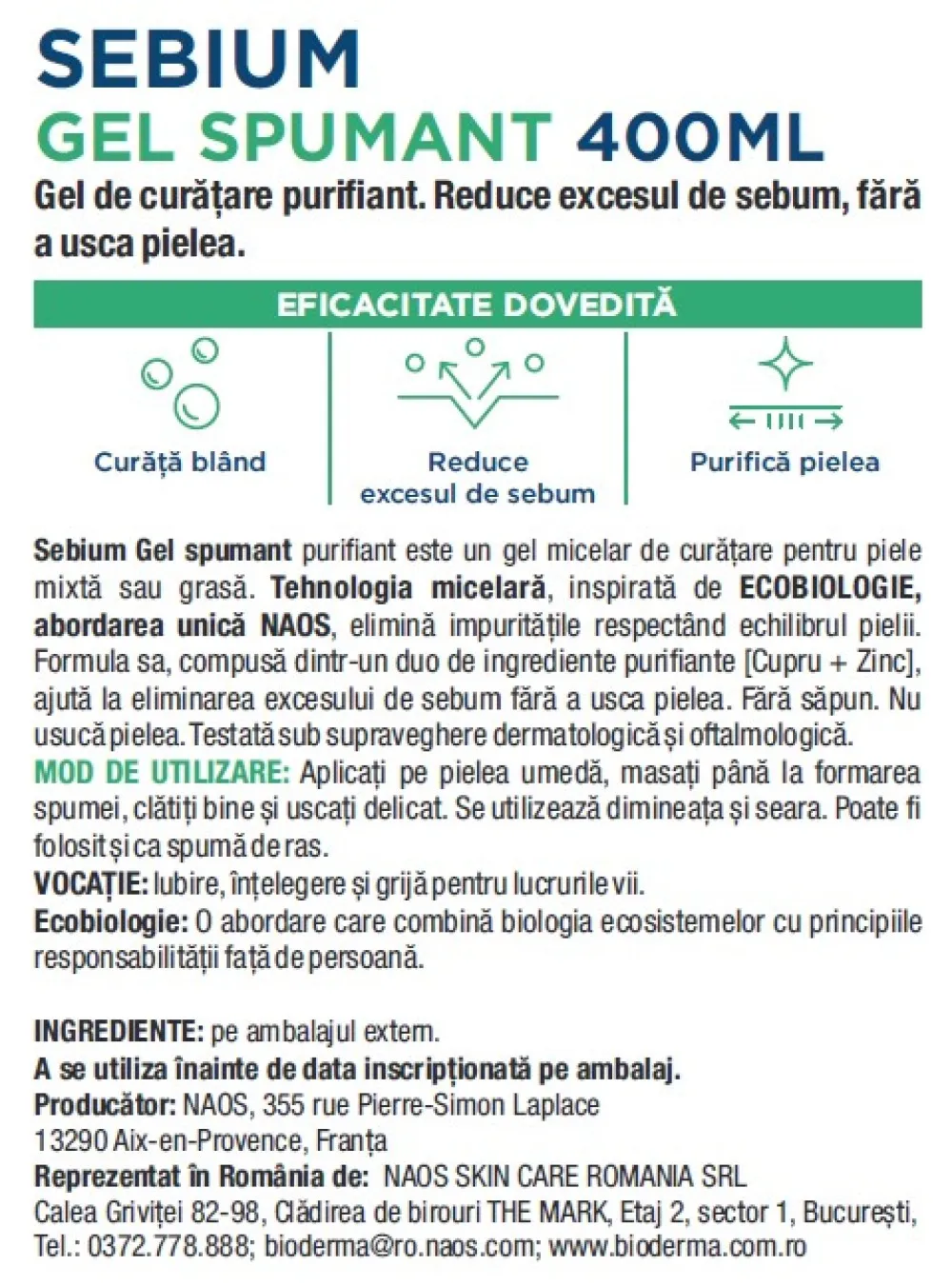 Gel Spumant de curatare purifiant pentru piele mixta si grasa Sebium, 400ml, Bioderma