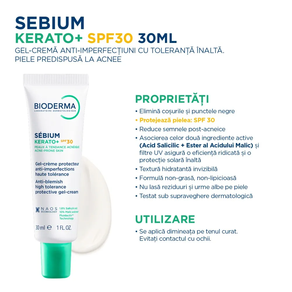 Gel-Crema Anti-imperfectiuni SPF30 Sebium Kerato+, 30ml, Bioderma
