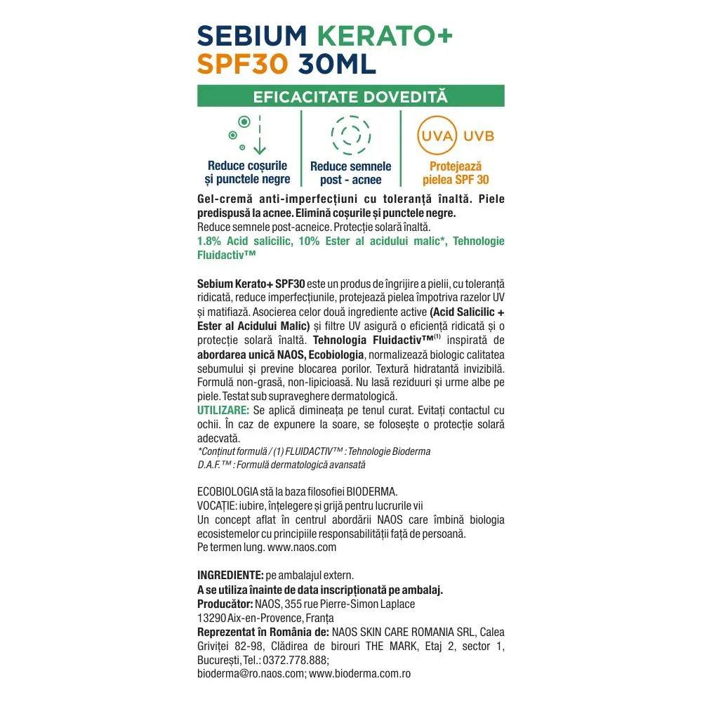 Gel-Crema Anti-imperfectiuni SPF30 Sebium Kerato+, 30ml, Bioderma