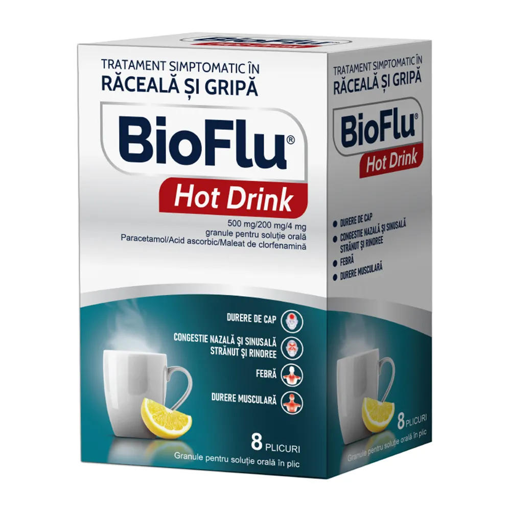 Bioflu Hot Drink, 500 mg/200 mg/4 mg granule pentru soluţie orală, 8 plicuri, Biofarm