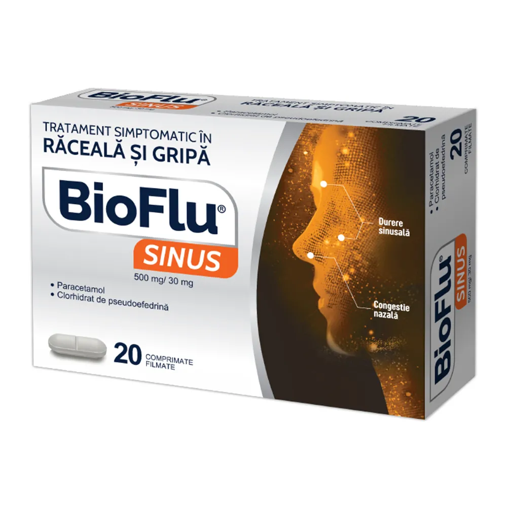 Bioflu Sinus, 500 mg/30 mg, 20 comprimate filmate, Biofarm