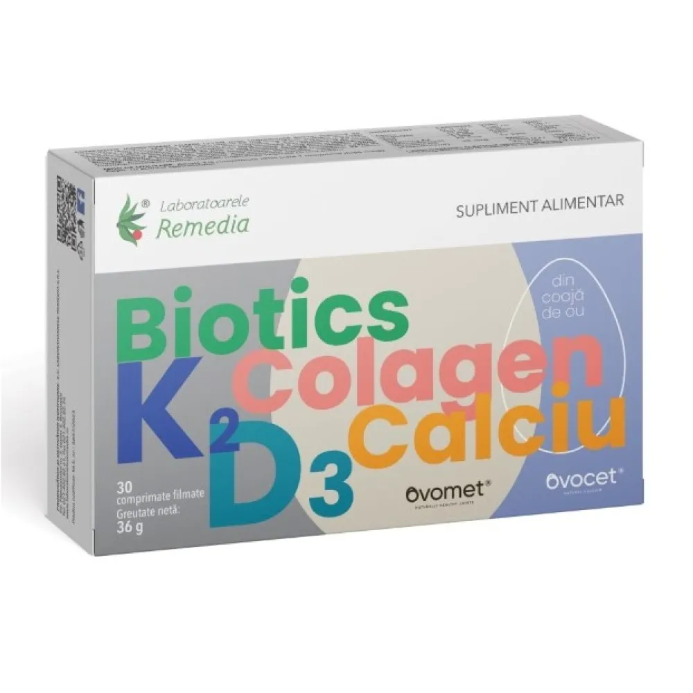 Biotics + K2 + D3 + Colagen + Calciu, 30 comprimate filmate, Remedia