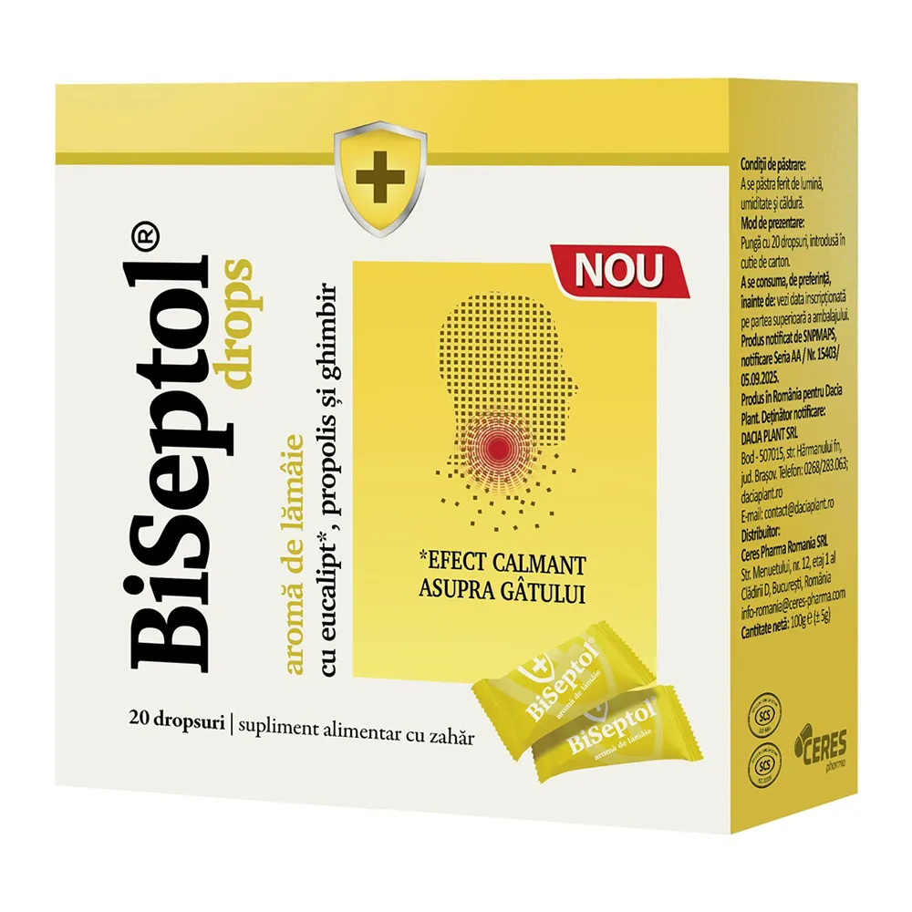 Dropsuri cu aroma de lamaie Biseptol, 20 bucati, Dacia Plant