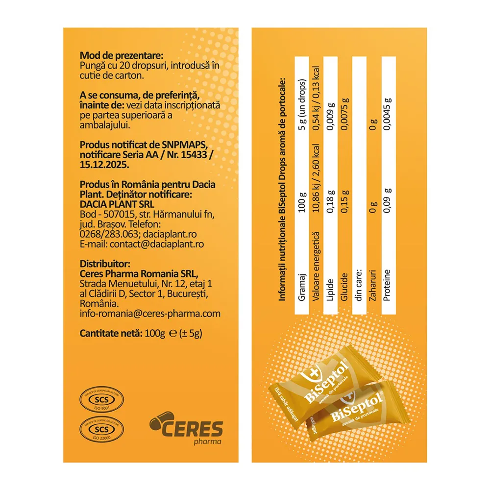 Dropsuri cu aroma de portocale Biseptol, 20 bucati, Dacia Plant