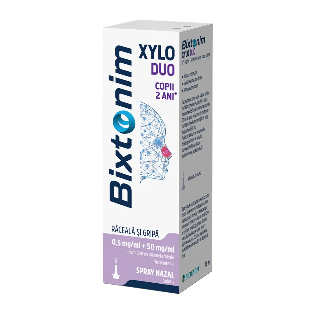 Bixtonim Xylo Duo copii, 0.5 mg/ml + 50 mg/ml spray nazal, soluție, 10,5 ml, Biofarm