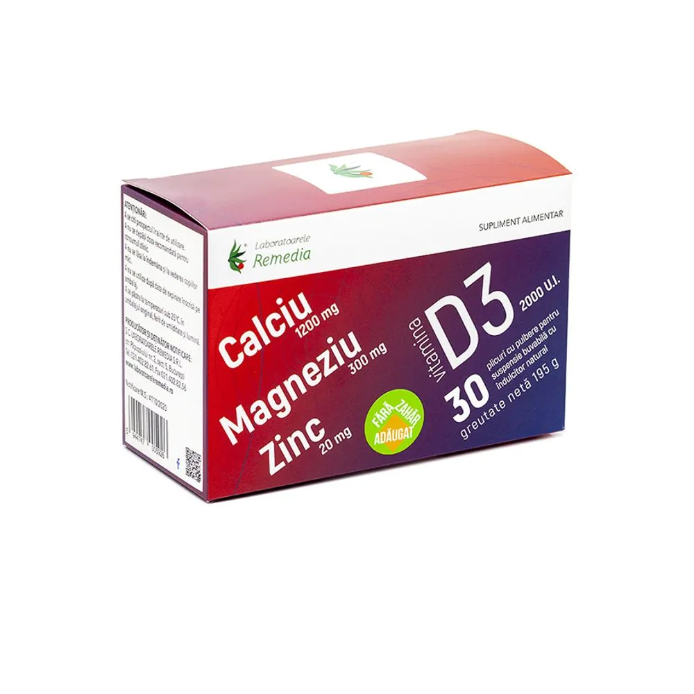 Ca+Mg+Zn + Vitamina D3, 30 plicuri, Remedia