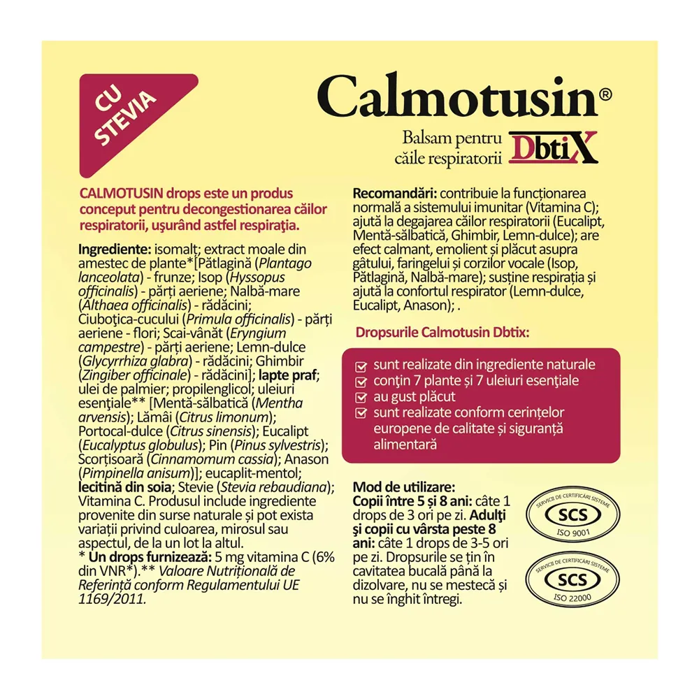 Calmotusin cu stevia Dbtix, 20 dropsuri, Dacia Plant