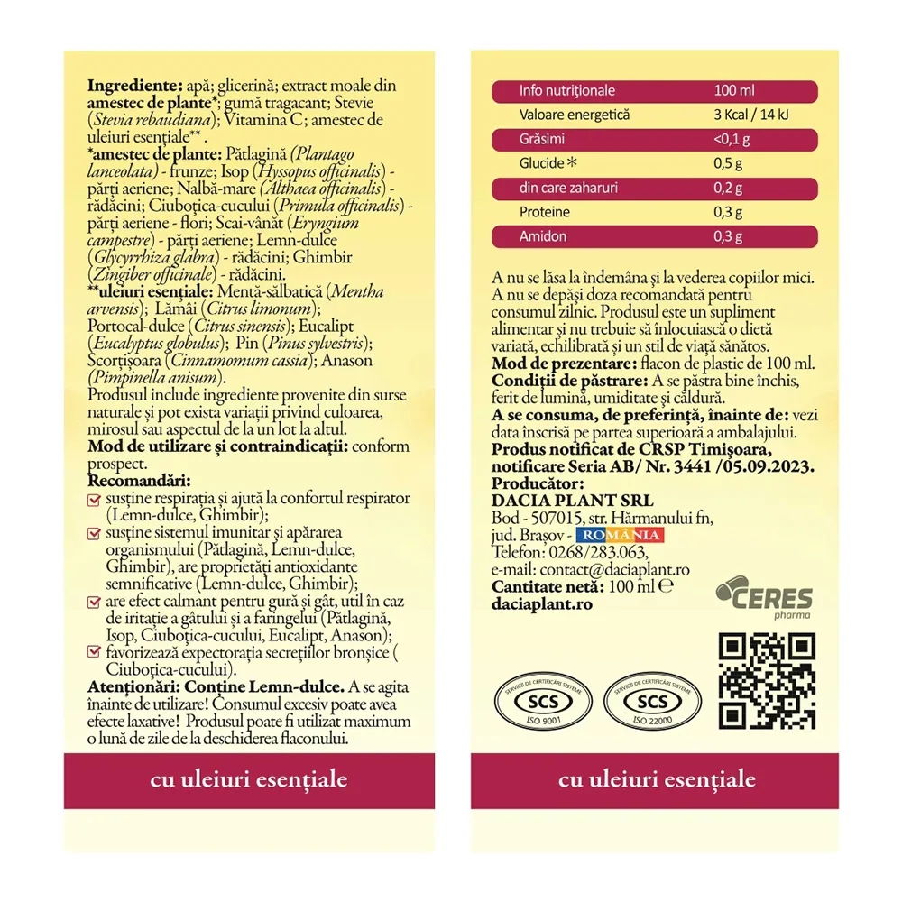 Sirop din extracte de plante si vitamina C Calmotusin Dbtix, 100 ml, Dacia Plant