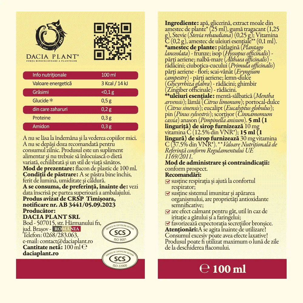 Sirop din extracte de plante si vitamina C Calmotusin Dbtix, 100 ml, Dacia Plant