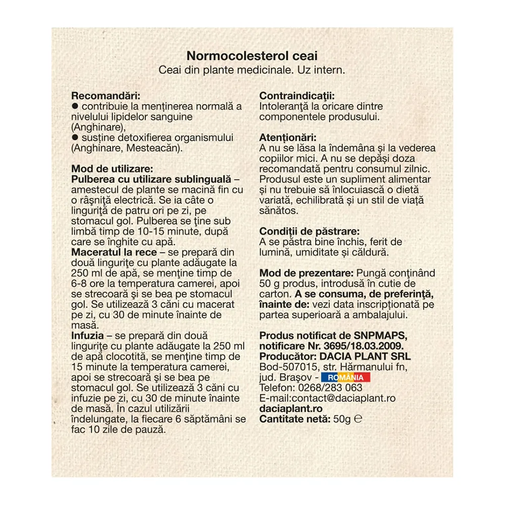 Ceai Normocolesterol, 50g, Dacia Plant