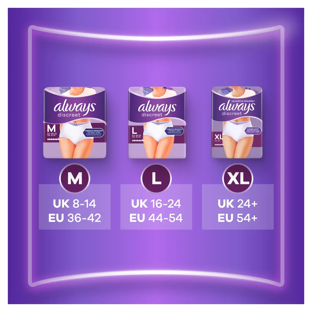 Chiloti pentru incontinenta urinara Always Discreet Plus 6 picaturi, Marimea L, 8 bucati